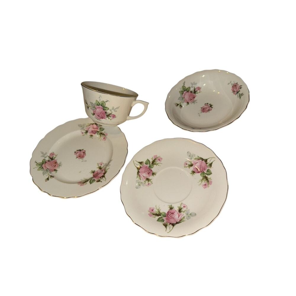 Vintage Unmarked Pink Rose Tea Cup Saucer‎ Plate Bowl Set Gold Trim Dinner Party
